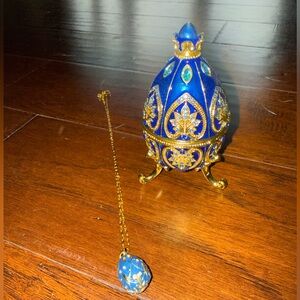 New Blue & Gold Faberge Egg Trinket Box & Matching Necklace